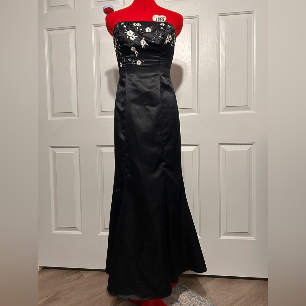 Vintage David's Bridal Black Strapless Gown with White Floral Accents